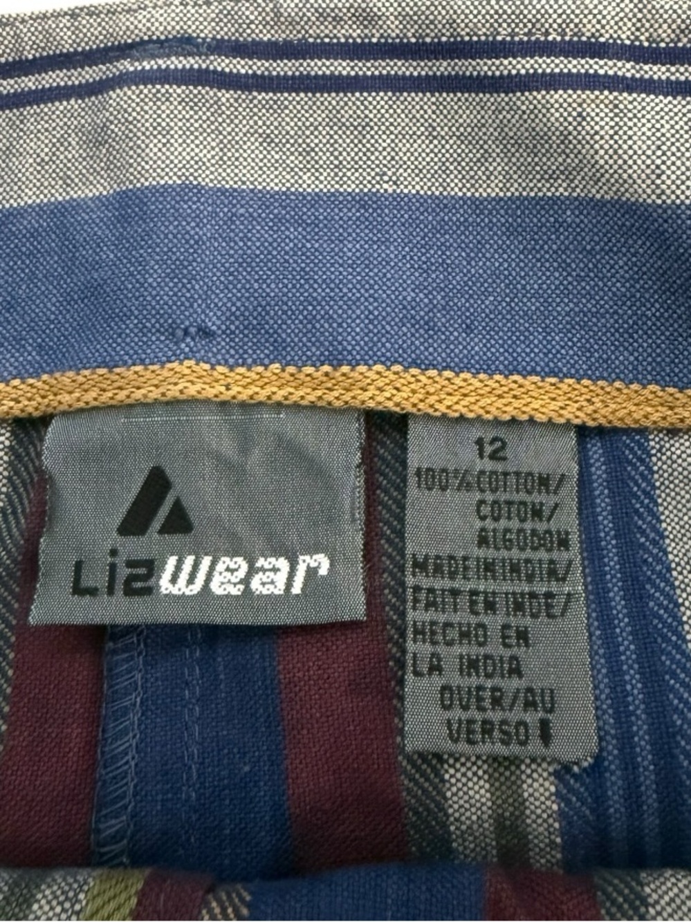 Vintage 90s Lizwear Striped Cotton Wrap Midi Skirt 12 Blue Coastal Cottagecore - Picture 4 of 4